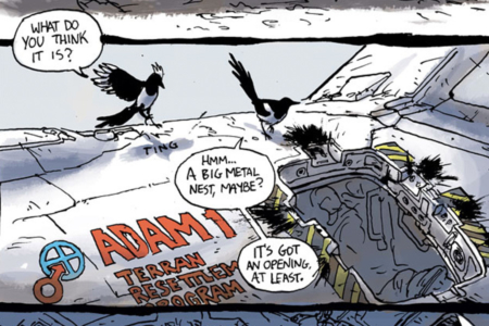 <p><strong>Figure 1.1</strong> On the side of the crashed Martian spacecraft, to the left of a blown hatch, we see the logo (lower left) locked up with type that reads “ADAM 1 TERRAN RESETTLEMENT PROGRAM.”</p>