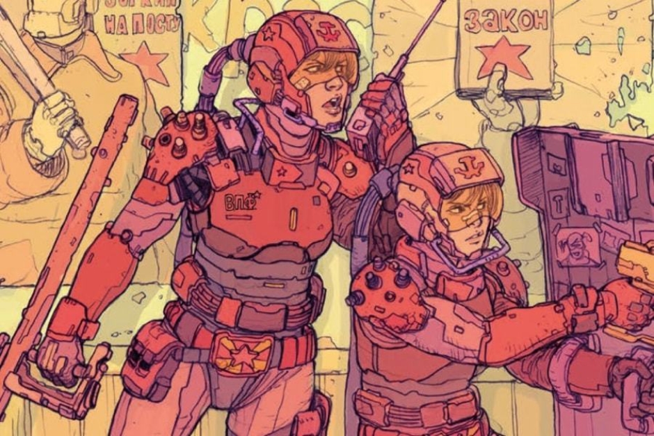 <p><strong>Figure 2.5</strong> The Neo-Soviet police force, known as the Militsiya, wear helmets and body armor bearing the symbols.</p>