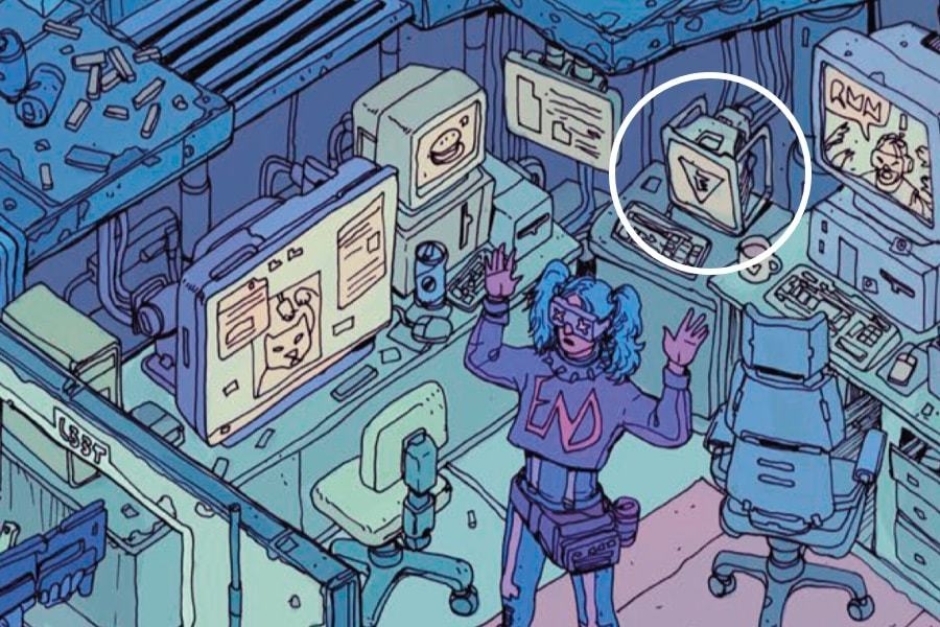 <p><strong>Figure 2.2</strong> When the police raid the Enemies of Reality hideout, we see the E insignia on the computer monitor.</p>