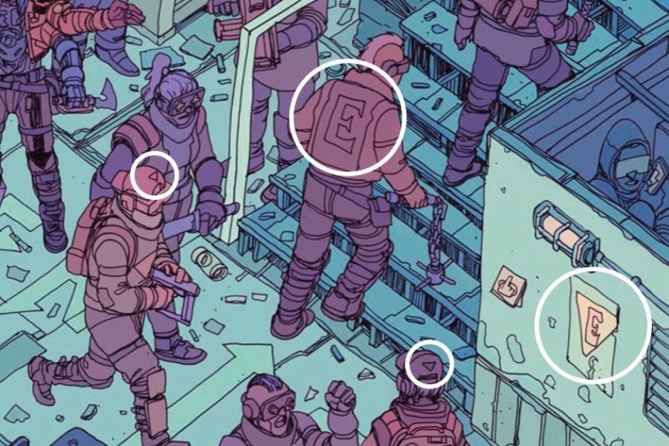 <p><strong>Figure 2.3</strong> As the rebels head out on their mission, we see identifying symbols on their clothes, and the E insignia on a poster.</p>