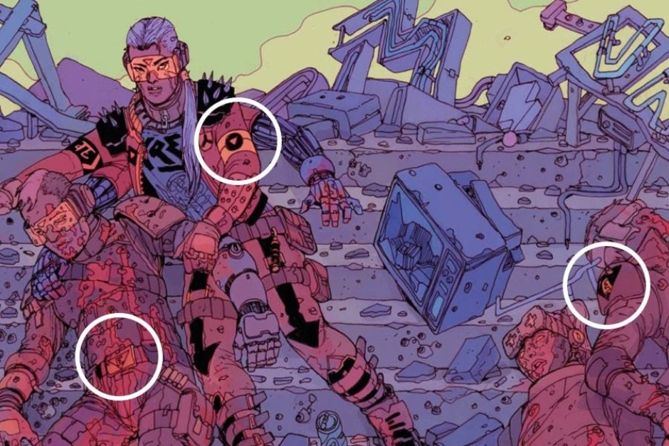 <p><strong>Figure 2.4</strong> As the rebels fall to the forces of Robo-City 16, we see the Enemies of Reality symbols on their clothing and armor.</p>