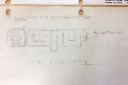 <p><strong>Figure 3.1</strong> Tom Southwell’s original pencil sketch for the Esper logo. It includes notes for the “greenline face” and blind embossed logotype, with the arched embossment also drawn below in side profile. Photo by Tom Southwell</p>