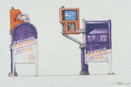 <p><strong>Figure 3.2</strong> In this concept sketch from John Bell, we see the mailboxes branded as Federal Express. Source: <em>Vanity Fair</em></p>