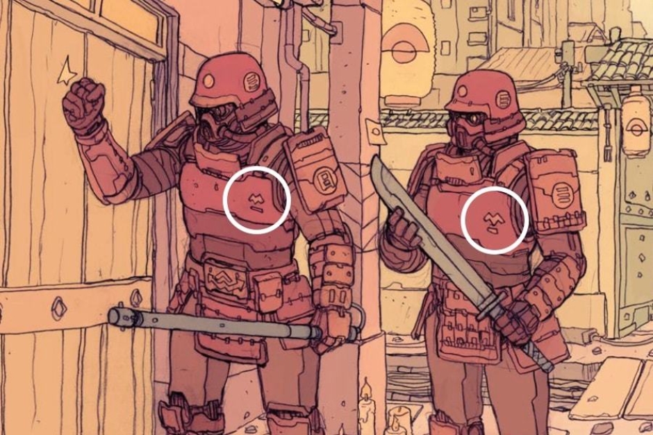 <p><strong>Figure 2.1</strong> The most visible instance of the Murakami Systems logo is found on the chest plates of soldiers in the National Security Force.</p>