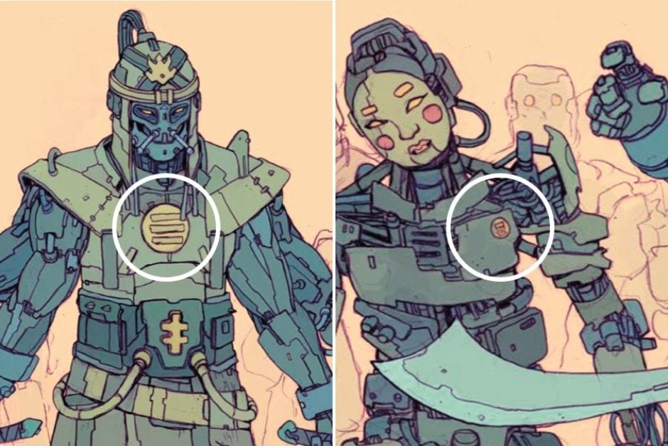 <p><strong>Figure 2.4</strong> The symbol of the Red Sun Empire also appears on the gorget of Robo-Kahn and on his fighters' chests.</p>