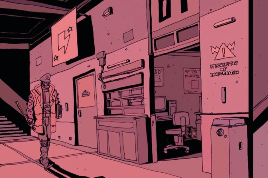<p><strong>Figure 3.1</strong> In this opening scene from the book, we see the Robotic Union flag on the upper left, and the Ministry of Information seal on the right.</p>