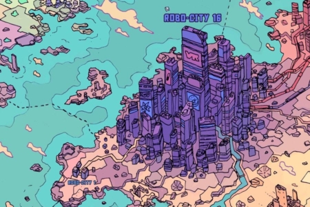 <p><strong>Figure 1.1</strong> Robo-City 16 is the largest city in the world, covering most of what would be known as Europe.</p>