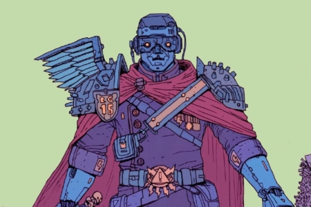 <p><strong>Figure 2.4</strong> Robo-President K3n3-Dy IV is adorned with lightning bolts, a badge representing the city, and the seal of the Ministry of Information.</p>