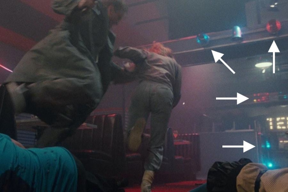 <p><strong>Figure 3.8</strong> In many of the shots within Tech Noir, we see red and blue emergency strobes mounted to the walls.</p>