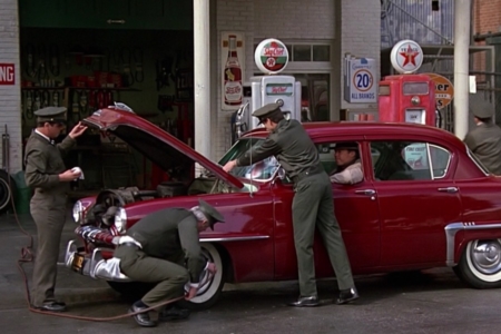 <p><strong>Figure 3.3</strong> The 1955 Texaco is a full service experience, with attendants checking things like oil and tire pressure, and cleaning the windshield, in addition to pumping a customer’s fuel purchase.</p>