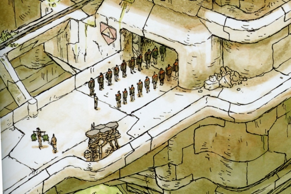 <p><strong>Figure 2.1</strong> Early in the story, as Cho enters his initiation, we see the red-orange Habsec symbol on the side of the structure (left of the door).</p>
