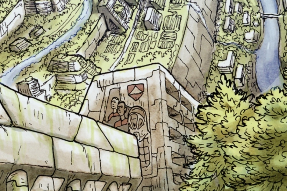 <p><strong>Figure 2.4</strong> In a splash page that shows the massive interior of the ship’s habitat, we see another fresco on one of the structures. It depicts three red shirts — one wearing a pressure suit — with the Habsec symbol above.</p>