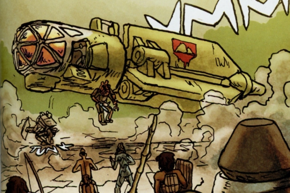 <p><strong>Figure 2.6</strong> When Habsec catches up to Joan and Cho, they arrive in a captured Engineering “Observer” craft, on the side of which they've painted the Habsec symbol.</p>