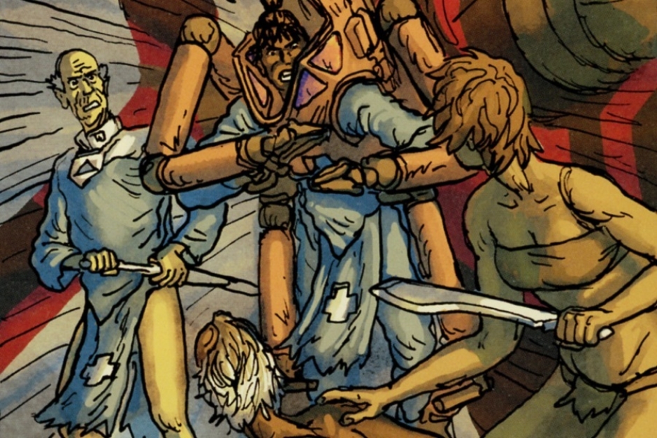 <p><strong>Figure 3.2</strong> Medical crew also wore blue uniforms, which we can see here in the erupting clash between Captain Eneko and Mendoza. We also get a better look at the medical cross they wear.</p>