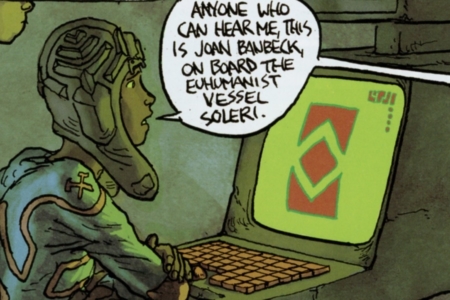 <p><strong>Figure 5.2</strong> Where we see Joan using the ansible to communicate with the posthumans, we see symbols built on familiar geometry.</p>