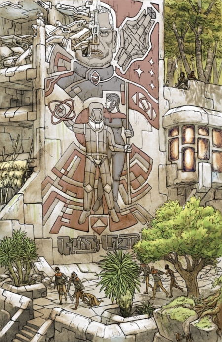 <p><strong>Figure 1.1</strong> On the first page of Habitat, we see several variations of Euhumanist symbols in a damaged fresco.</p>