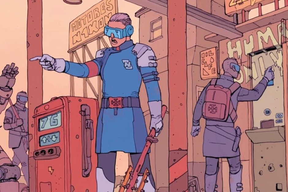 <p><strong>Figure 3.1</strong> Human supremacy militias run by The Network, identify with the cross potent symbol, which they display on belts and bags in this scene.</p>