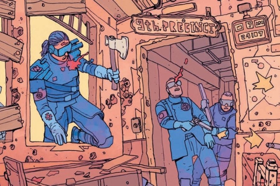 <p><strong>Figure 3.3</strong> The cross potent is displayed on gloves and coats as well, as we see in this scene from the 9th Precinct shootout with INS marshals.</p>