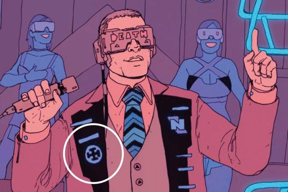 <p><strong>Figure 3.4</strong> There is one instance, where we see the militia symbol displayed by a non-combatant — the host of “The Game is Death” wears it.</p>