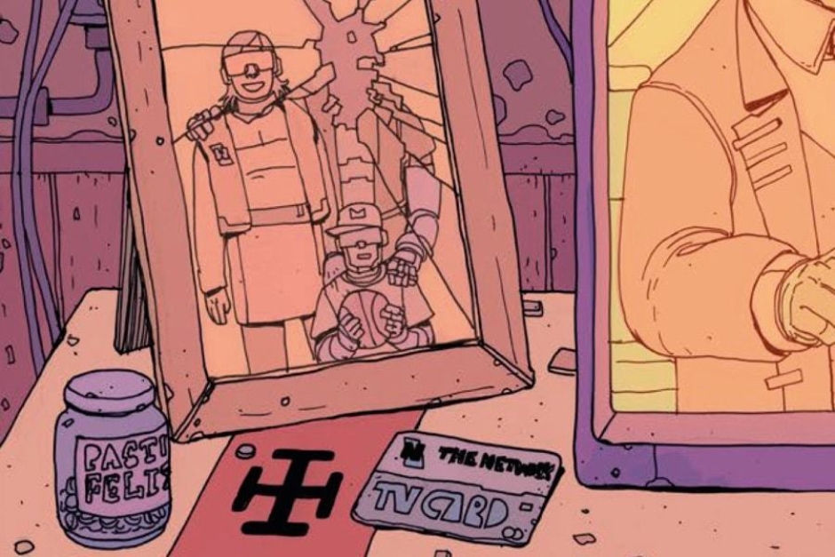 <p><strong>Figure 2.2</strong> In the same scene, we see the logo on a TV card, and on the vest of someone in a photo, where a robot’s image has been defaced.</p>