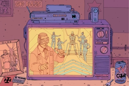 <p><strong>Figure 1.2</strong> Citizens are forced to consume a prescribed amount of television, metered by a Mega_box, which is seen atop this tv set.</p>