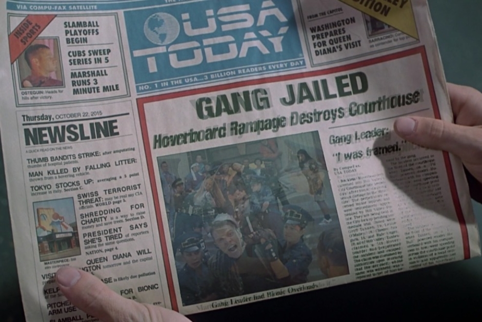 <p><strong>Figure 1.4</strong> We see the logo a final time, on the same newspaper as before, when their successful mission alters the timeline and changes the undesirable events that had earlier appeared in the news.<br /></p>