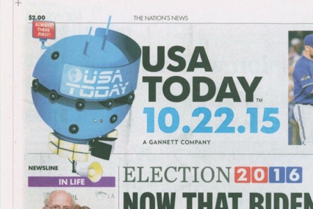 <p><strong>Figure 3.2</strong> An illustration of the news drone appears in the masthead of the actual front page of the paper, found within the replica wrap.</p>