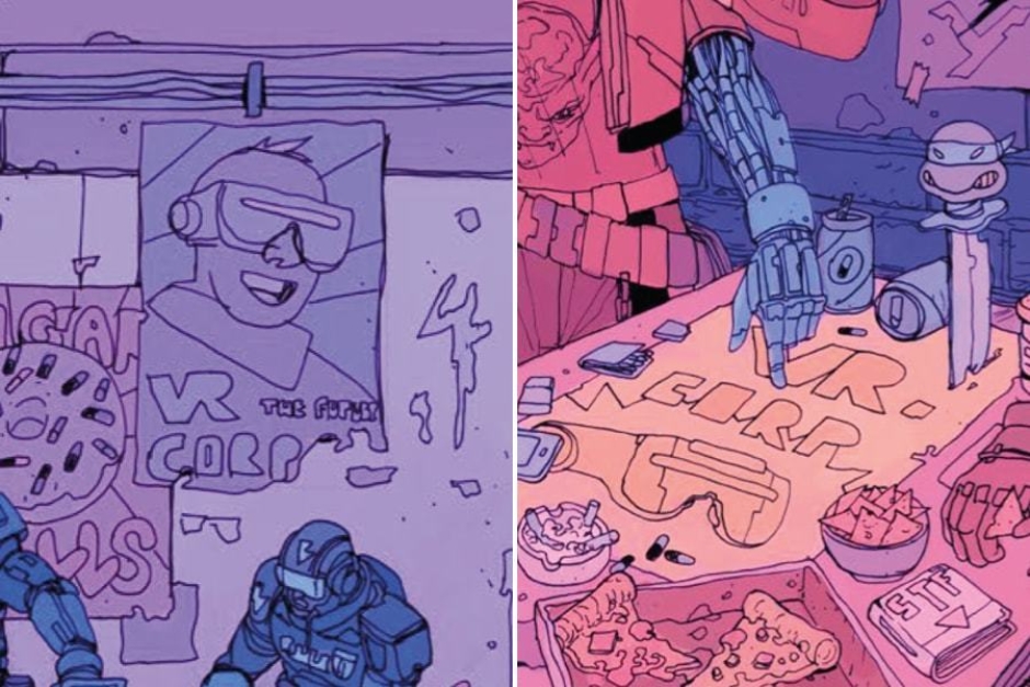 <p><strong>Figure 2.3</strong> Throughout the detailed scenes depicting life in Robo-City 16, we can find fun posters advertising VR Corp to the masses.</p>