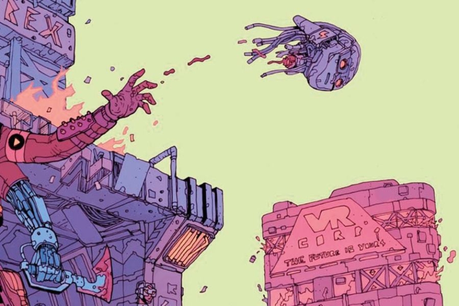 <p><strong>Figure 2.4</strong> As VR Corp CEO Lady Reytiel’s decapitated head is thrown through the air, we see the VR Corp logotype on a building’s facade.</p>